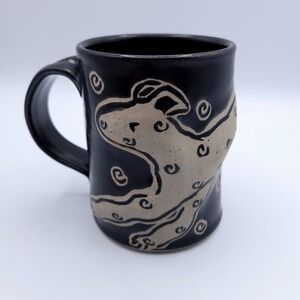 Handmade Ceramic Studio Art Artisan Pottery Dog Mug Sgraffito Stoneware Signed